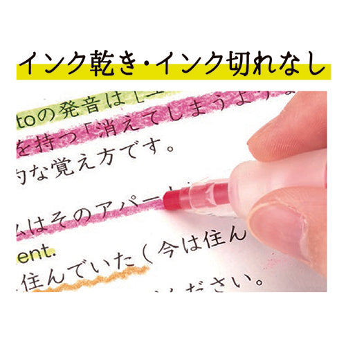Neon Pitu fluorescent pink highlighter tip close-up showing vibrant marker line on Japanese text with no ink bleed-through…