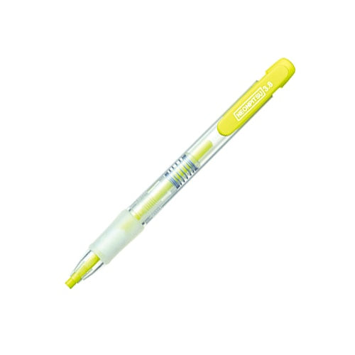 Kutsuwa Neon Pitu fluorescent yellow highlighter pen displayed at angle showing barrel and chisel tip design