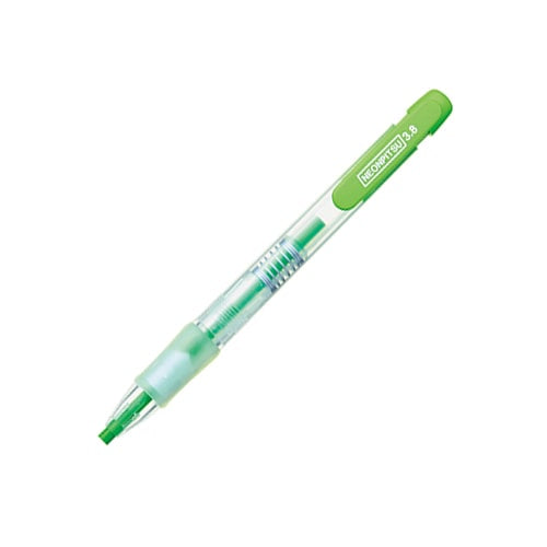 Kutsuwa Neon Pitu fluorescent green mechanical pencil with transparent barrel and green grip displayed at an angle