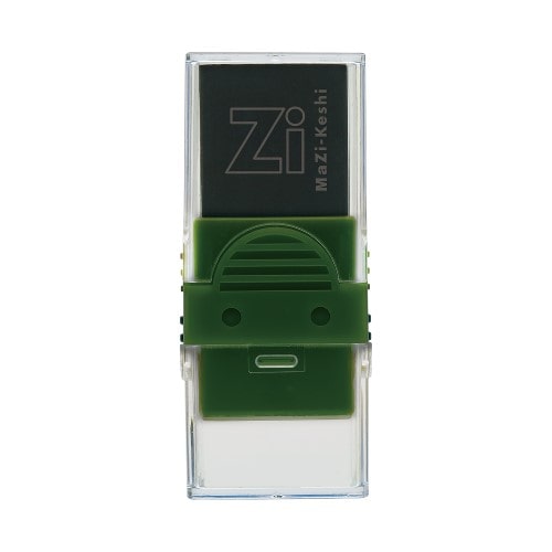 クツワ Poppy Khaki eraser RE044KK with green slider and clear casing shown from front view