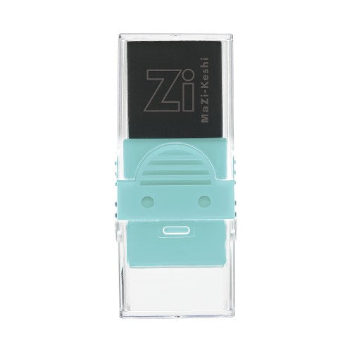 Kutsuwa Zi Mazikeshi Poppy mint eraser with clear casing showing turquoise roller mechanism and black top panel