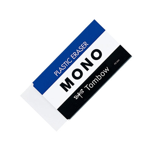 Tombow Mono PE09 eraser displayed at angle showing blue plastic eraser section and white/black branded packaging