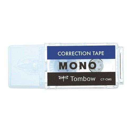 Tombow MONO correction tape CT-CM5 with light blue case and branded packaging label visible from angled top view