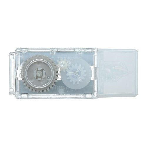 Transparent correction tape cartridge interior mechanism showing dual gears and tape spool assembly detail