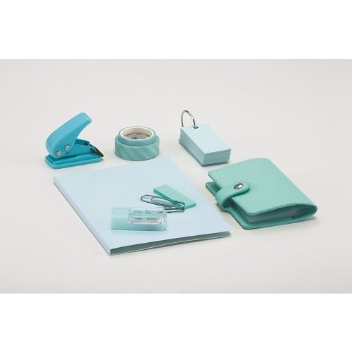 Tombow Mono Pocket correction tape set display showing complete stationery collection in turquoise with tape dispenser,…