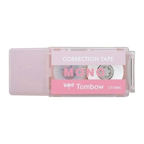 Tombow Mono Correction Tape pink dispenser showing side profile with cap removed and tape visible