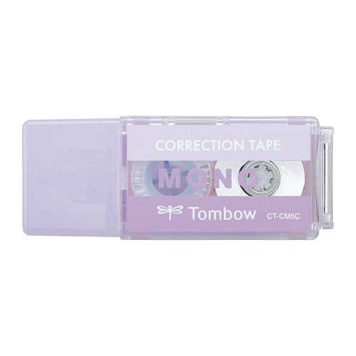 Tombow Mono correction tape dispenser showing purple casing with visible tape mechanism and product label details