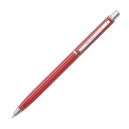 インターアクト Ballpoint Pen IWI Daily Writing Apricot 0.5mm、赤系カラーのペン本体とシルバーメタルクリップを備えた斜め角度の製品画像