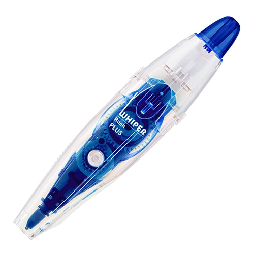 Plus Whipper Lash Blue correction tape roller, angled view showing blue barrel and white dispenser housing