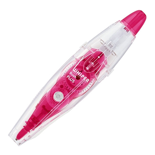 PLUS Whipper Lash Pink 43-443 correction tape roller, angled view with transparent barrel and pink housing.
