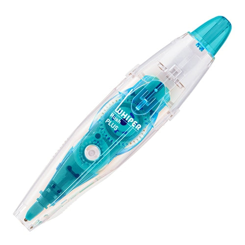 PLUS Whipper Lash tape dispenser in light blue, angled side view showing transparent body with turquoise mechanism and…