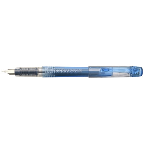 Platinum Preppy fountain pen with fine point nib displayed horizontally, translucent blue barrel, blue-black ink cartridge…