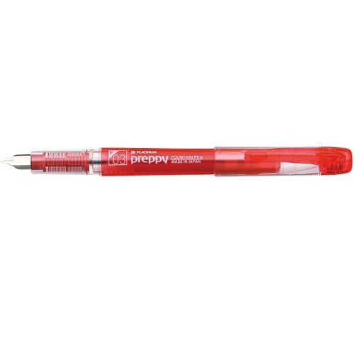 Platinum Preppy red fountain pen with fine point nib, displayed at angle showing barrel, cap and clip details.