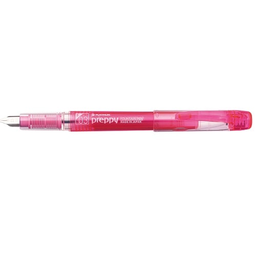 Platinum Preppy fountain pen in vibrant pink with fine point nib, shown at an angle against white background