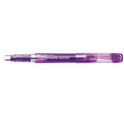 Platinum Preppy fountain pen in violet with fine nib, displayed horizontally against white background showing full pen…