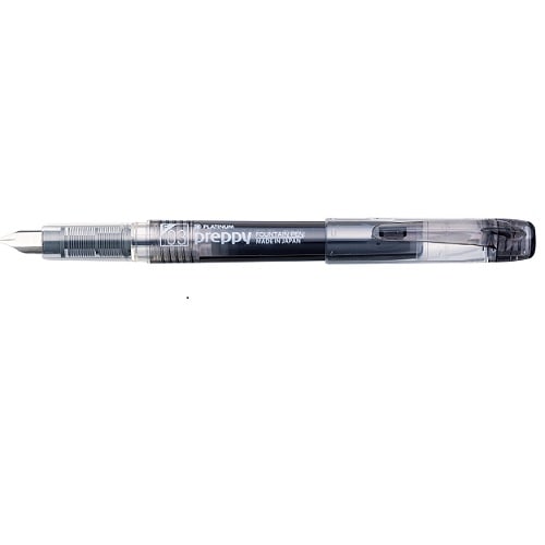Platinum Preppy Ultra-Fine fountain pen in black, displayed horizontally showing full barrel design and fine nib tip