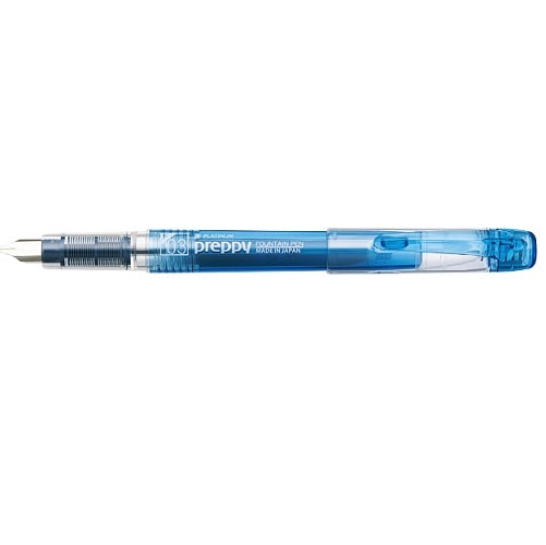 Platinum Preppy Ultra-Fine fountain pen in blue with translucent barrel, shown at angle displaying nib and cap detail