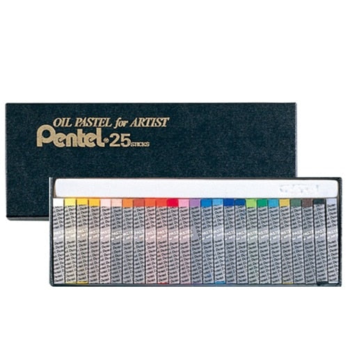 Pentel Pass Professional 25 Colors PTA-25D oil pastel set with open box displaying all 25 vibrant colored sticks