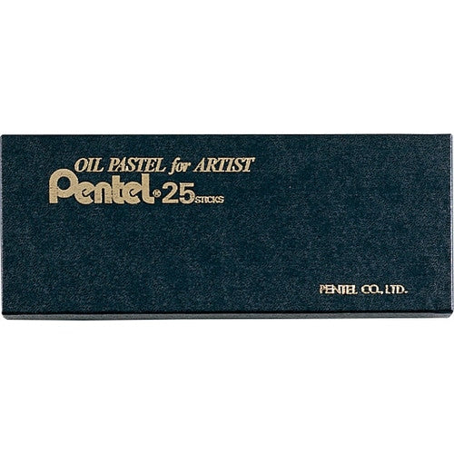 Pentel Oil Pastel 25-color set packaging with teal textured box and gold lettering