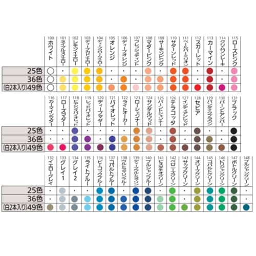 Pentel Pass 25-color marker shade reference chart showing all available colors organized by family with fill samples.
