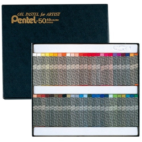 Pentel Pass Professional PTA-50D 49 colors oil pastel set with dark teal box and open display showing organized rows of…