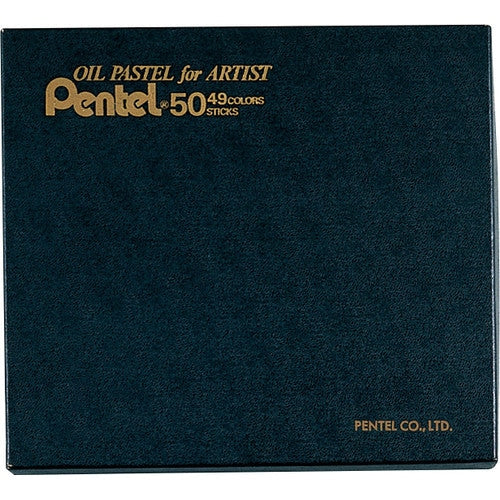 Pentel PTA-50D oil pastel set packaging front cover showing product box with gold lettering on dark teal background