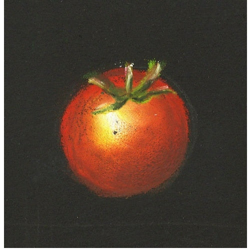 Tomato artwork demonstrating Pentel Pass vibrant red and yellow color blending on dark background