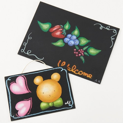 Pentel Pastel 49 colors creating hand-drawn welcome cards with fruit and floral illustrations on black cardstock