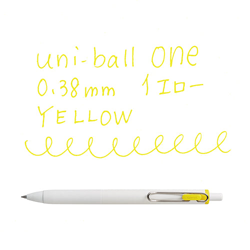 Uni-Ball One 0.38mm yellow gel pen with writing sample showing bright yellow ink lines and pen at actual size