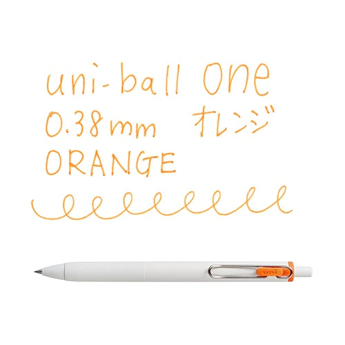 Uni-Ball One 0.38mm orange gel pen with writing sample showing smooth orange ink line and loop pattern