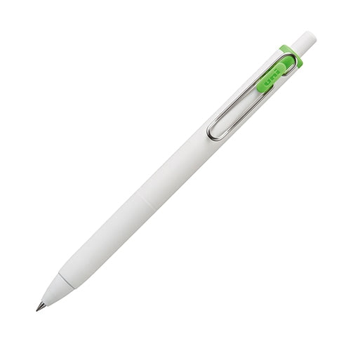 Mitsubishi Pencil uni-ball one 0.38 lime green gel pen displayed at angle showing white barrel and green accent clip