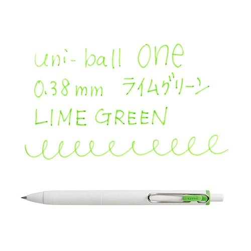 Mitsubishi uni-ball ONE 0.38mm lime green pen with writing sample showing pen line and decorative script strokes