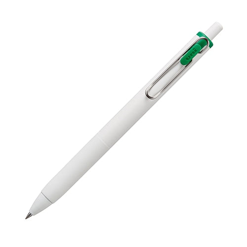 Mitsubishi Pencil uni-ball one 0.38 Green gel ink pen displayed at angle showing white barrel with green accents and clip…