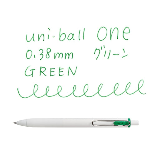 Uni-ball One 0.38mm green pen writing sample showing ink color and line quality on white paper