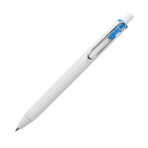 Mitsubishi Pencil uni-ball one 0.38 light blue gel pen displayed at angle showing white barrel and blue clip detail