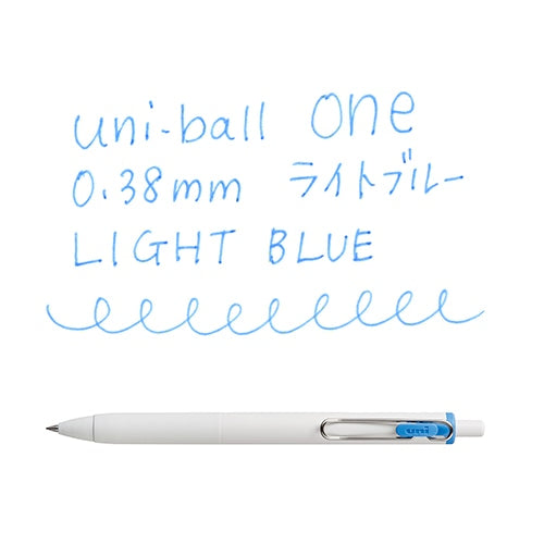 Uni-ball One 0.38mm light blue pen writing sample with handwritten text demonstrating line quality and ink color