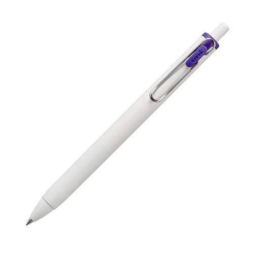 Mitsubishi Pencil uni-ball one 0.38 Royal Blue gel ink pen displayed at diagonal angle showing white barrel and purple clip…