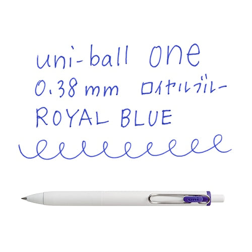 Uni-ball One 0.38mm Royal Blue pen with writing sample showing ink color and line quality