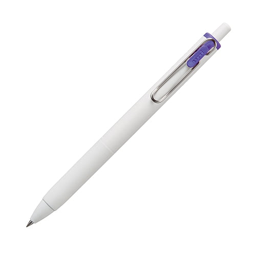 Mitsubishi Pencil uni-ball one 0.38 violet gel pen displayed at diagonal angle showing white barrel and purple grip section