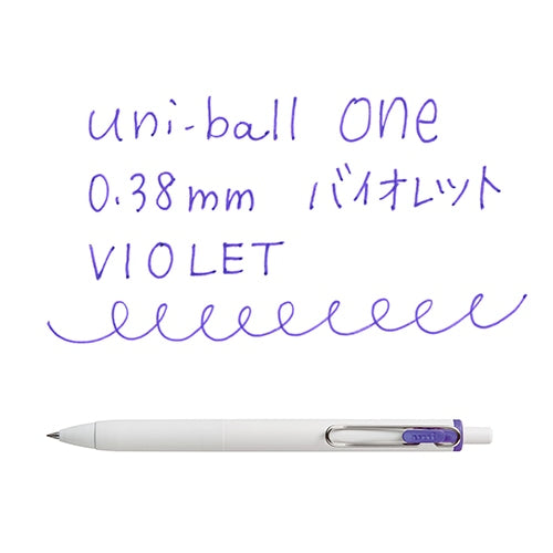 Uni-ball One 0.38mm violet pen writing sample showing smooth ink flow and line quality