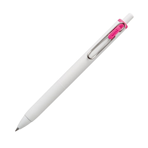 Mitsubishi Pencil uni-ball one 0.38 pink gel ink ballpoint pen displayed at diagonal angle showing white barrel and pink…