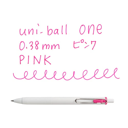 Uni-ball One 0.38mm pink pen writing sample showing ink color and line weight detail