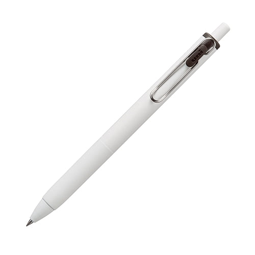 Mitsubishi Pencil uni-ball one 0.38 brown black gel ink pen displayed at angle showing white barrel and clip detail