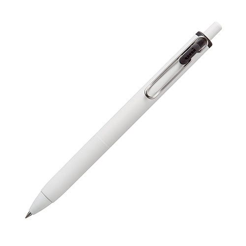 Mitsubishi Pencil uni-ball one 0.38 black gel ink ballpoint pen, white barrel, angled view showing pen tip and clip detail.