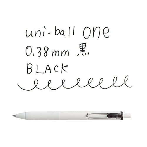 Uni-ball One 0.38mm black pen with writing sample showing fine line detail and pen body at angle