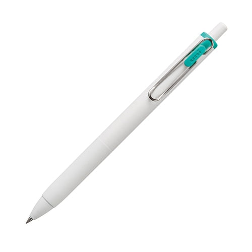 Mitsubishi Pencil uni-ball one 0.38 emerald gel pen at angle showing white barrel and teal clip detail