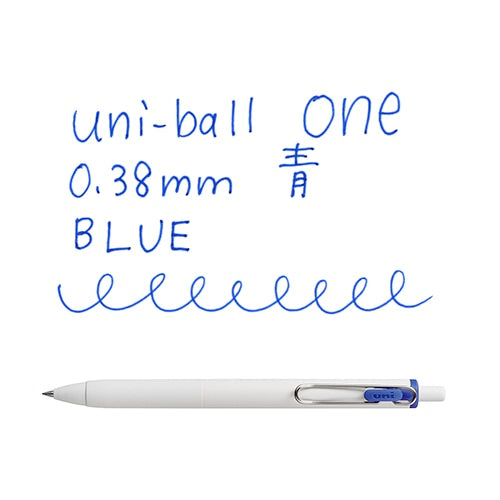 Uni-ball One 0.38mm blue pen with writing sample showing pen tip detail and smooth blue ink line on white background