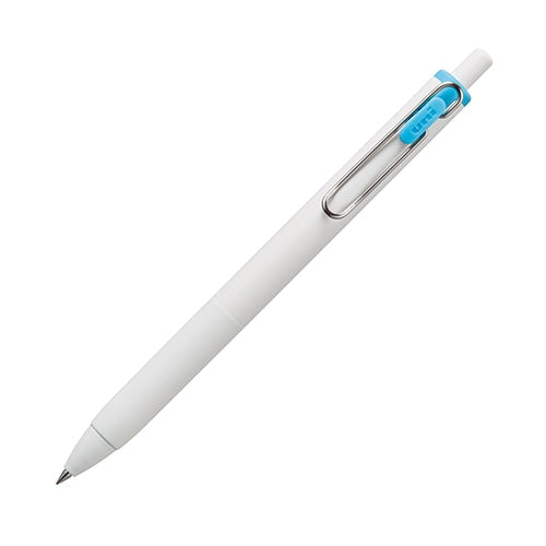 Mitsubishi Pencil uni-ball one 0.38 sky blue gel pen angled view showing white barrel and blue ink chamber detail