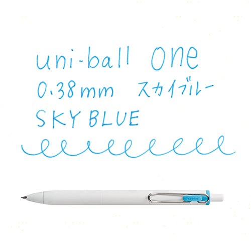 Uni-ball One 0.38mm Sky Blue pen writing sample showing smooth line quality and ink color on white paper