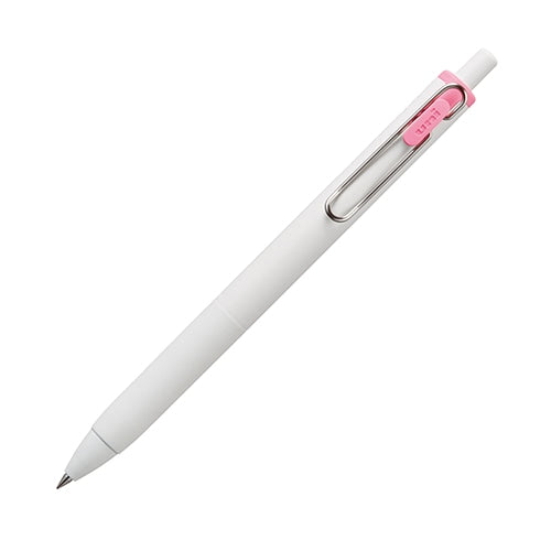 Mitsubishi Pencil uni-ball one 0.38 light pink gel pen displayed at angle showing white barrel and pink clip detail